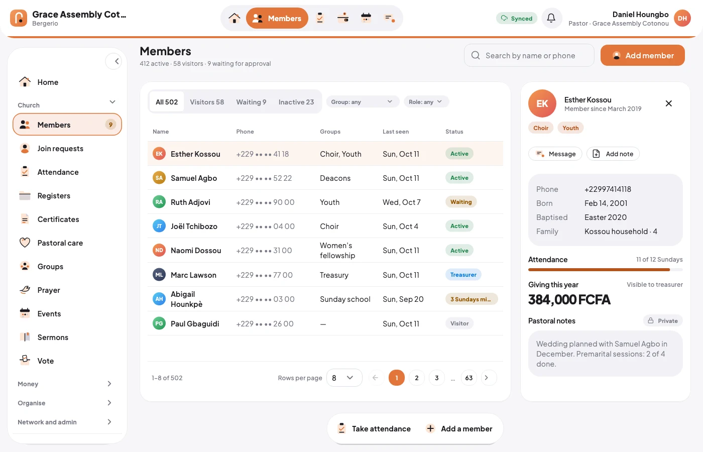 Members list with a person’s file open.